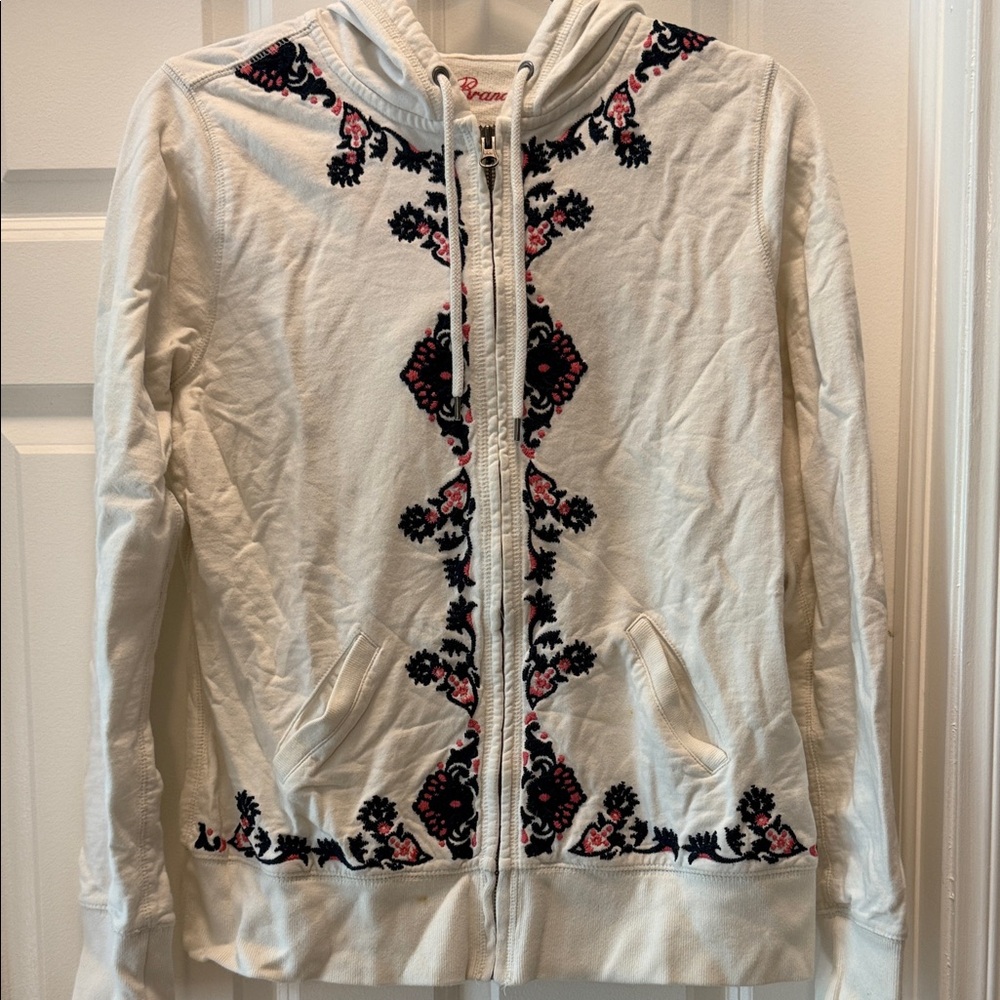 Lucky Brand Cream Hoodie with Navy and Pink Embroidery